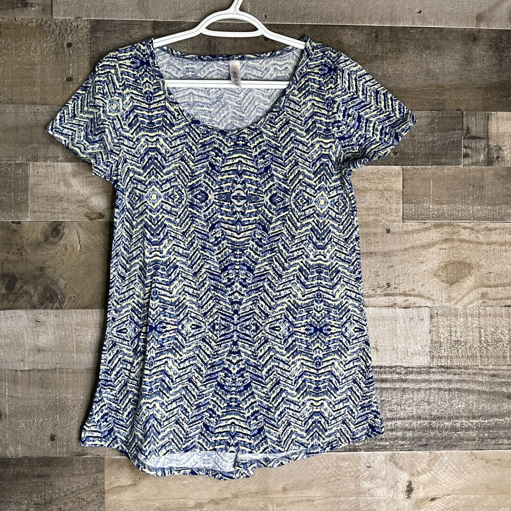 LuLaRoe Womens XXS Blue Yellow Short Sleeve Top Geometric Print Casual‎